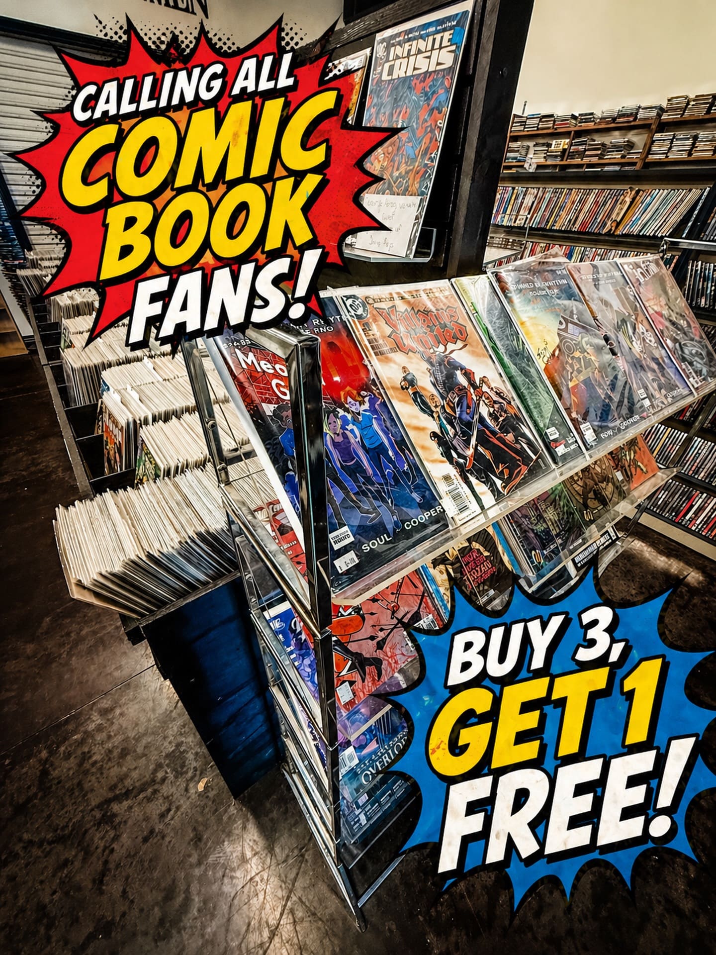 💥CALLING ALL COMIC BOOK FANS 💥
Saturday is Comic Book Day and we’re celebrating with a BUY 3, GET 1 FREE sale on all comic books! 🎉
Whether you’re into Marvel, DC, indie titles, or all of the above, it’s the perfect time to power up your collection.⁠
⁠
💥 Saturday, May 2nd only⁠, in all 3 stores
📚 Free book must be of equal or lesser value⁠

See you there!